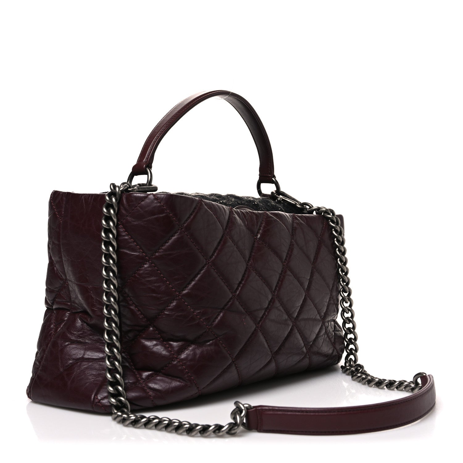 Chanel Aged Calfskin Quilted Tweed Portobello Tote Burgundy 3 of 10