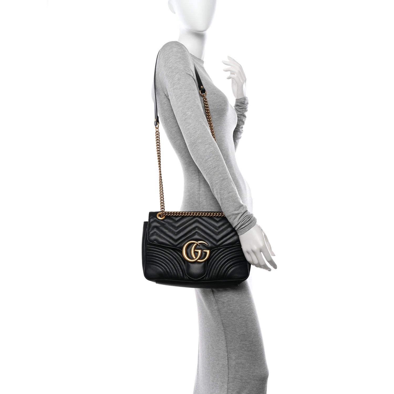 Gucci Calfskin Matelasse Medium GG Marmont Shoulder Bag Black 2 of 12