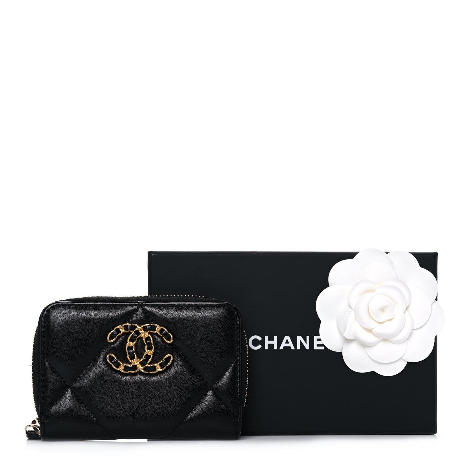 Chanel Lambskin Quilted Chanel 19 Zip Around Coin Purse Wallet Black 12 of 12