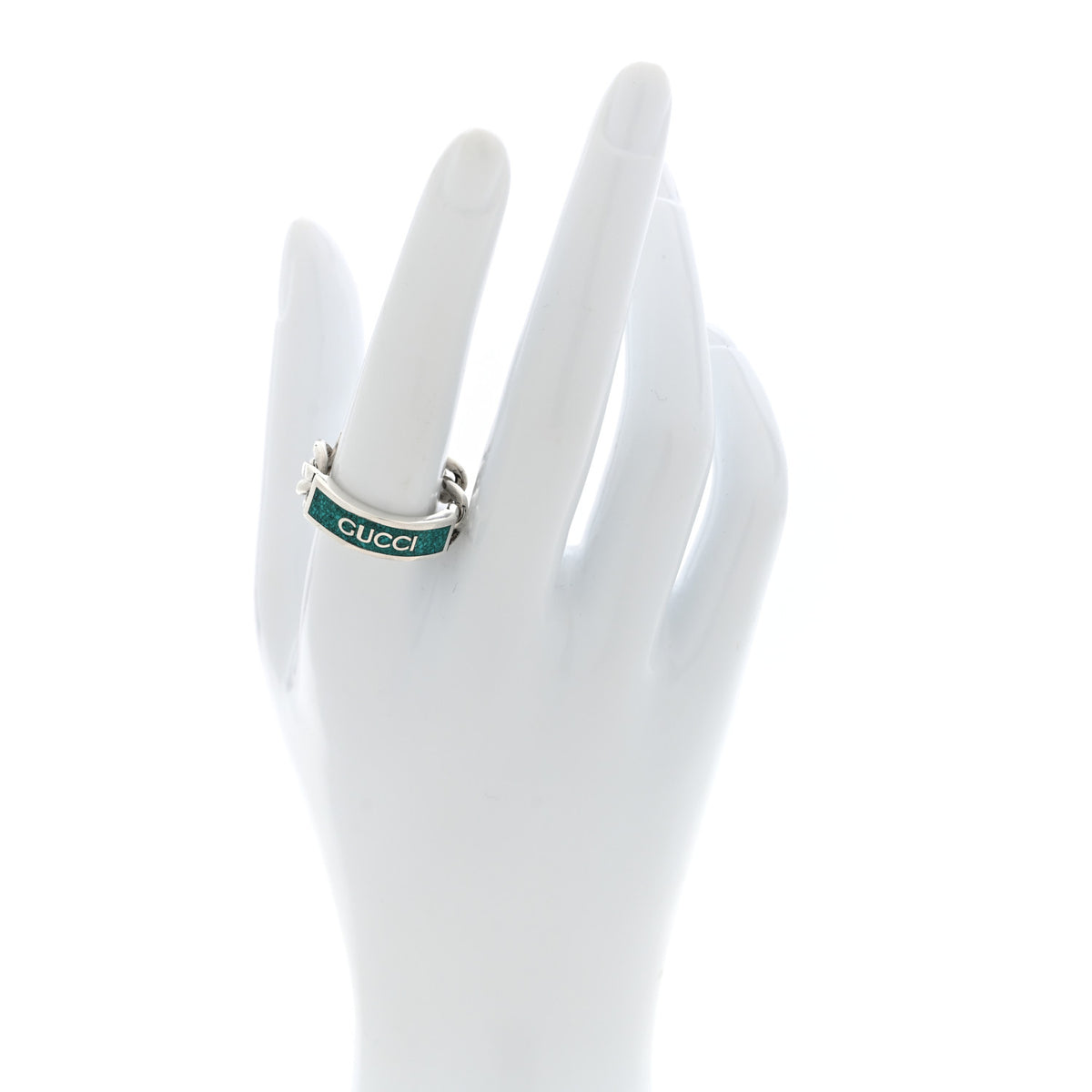 Gucci Sterling Silver Enamel Logo Chain Ring 58 8.5 Turquoise 2 of 4