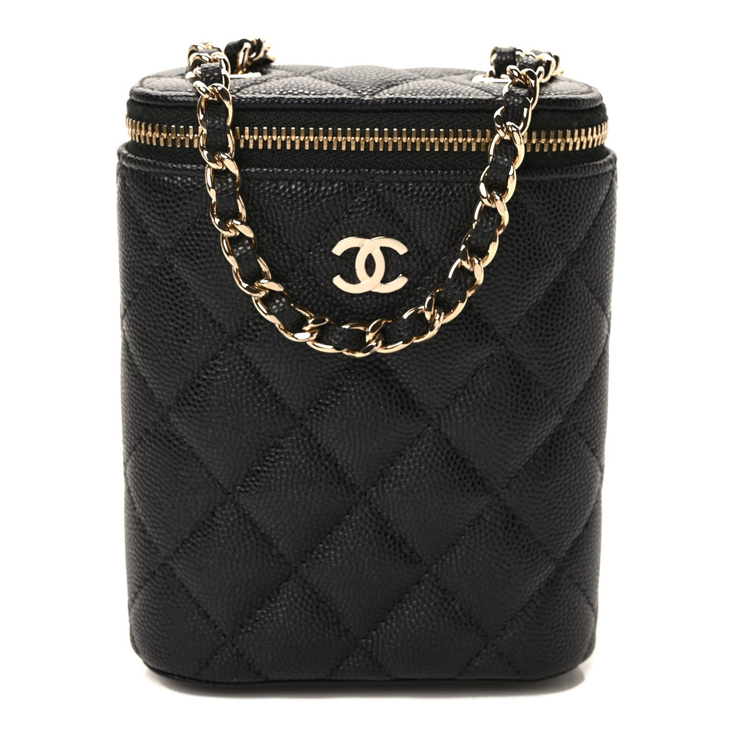 Caviar Quilted Small Vertical Coco Beauty Vanity Case With Chain Black