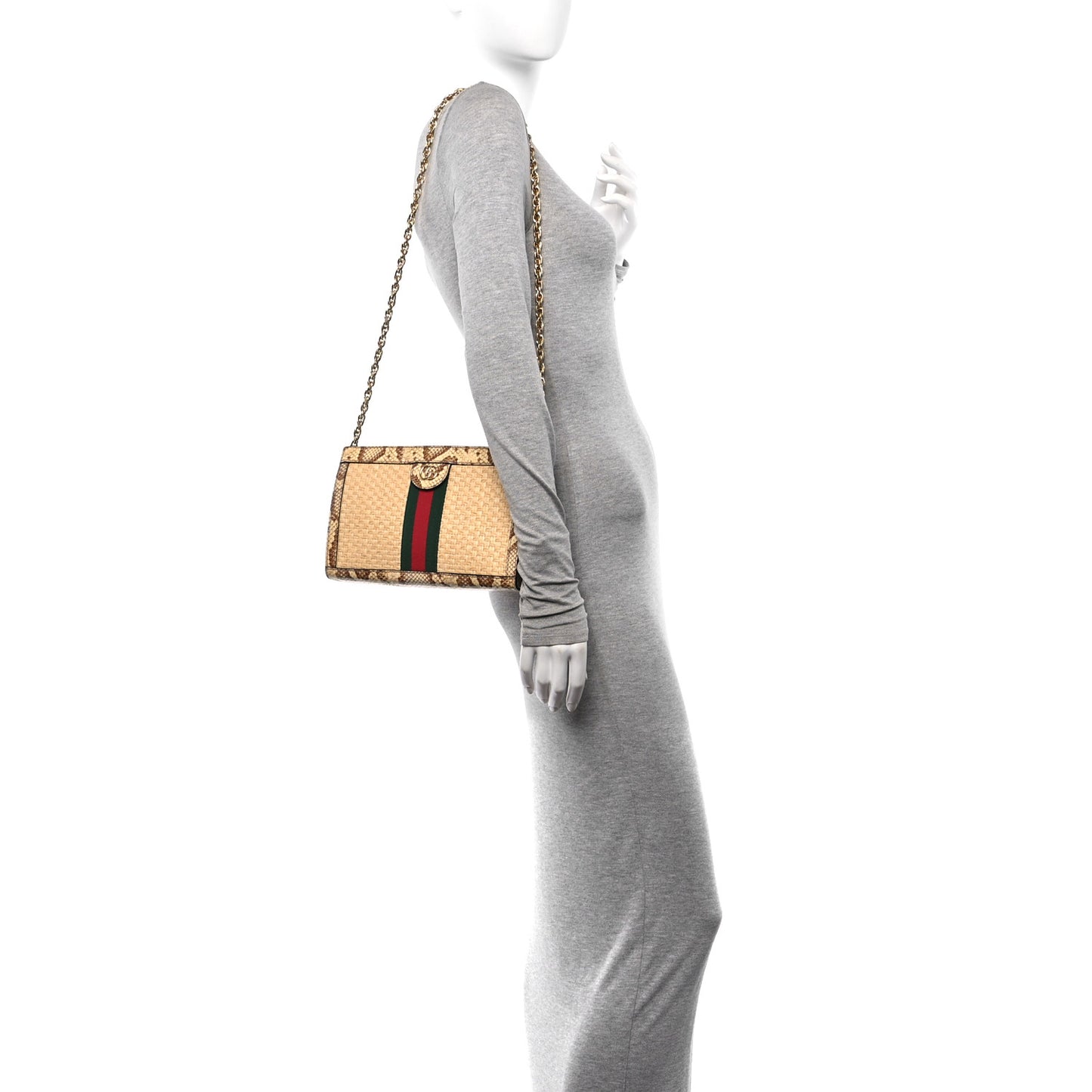 Raffia Elaphe GG Small Ophidia Chain Shoulder Bag Natural Cream Brown