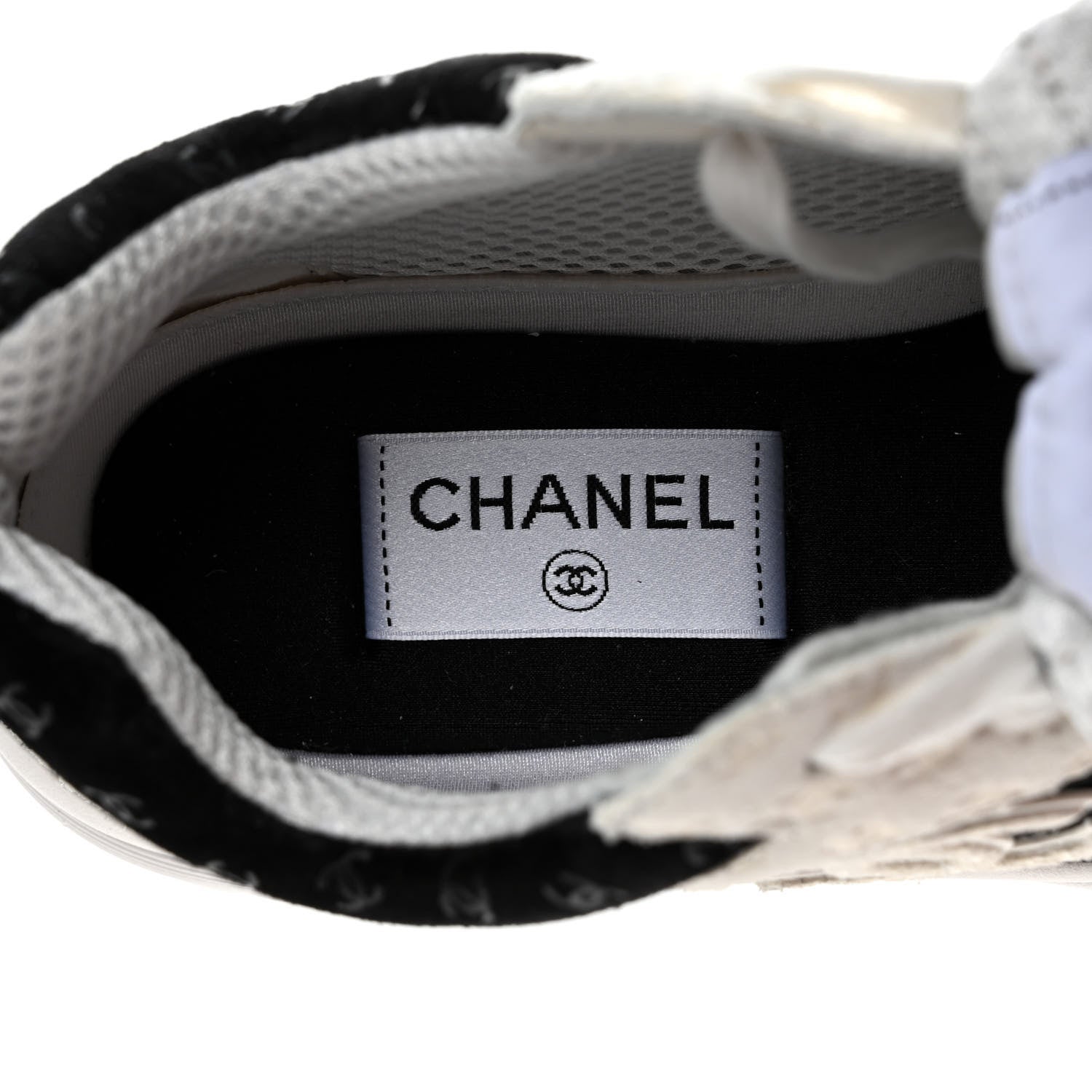 Chanel Nylon Suede Calfskin Printed CC Sneakers 38 White Black 7 of 8