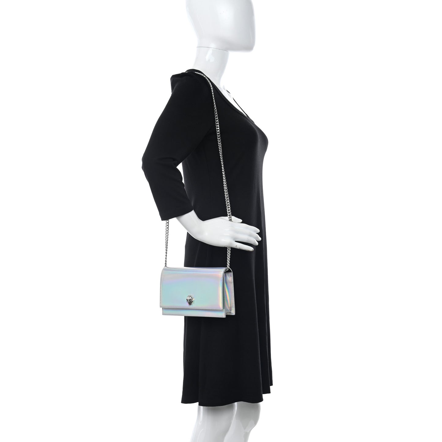 Iridescent Calfskin Skull Crossbody Silver