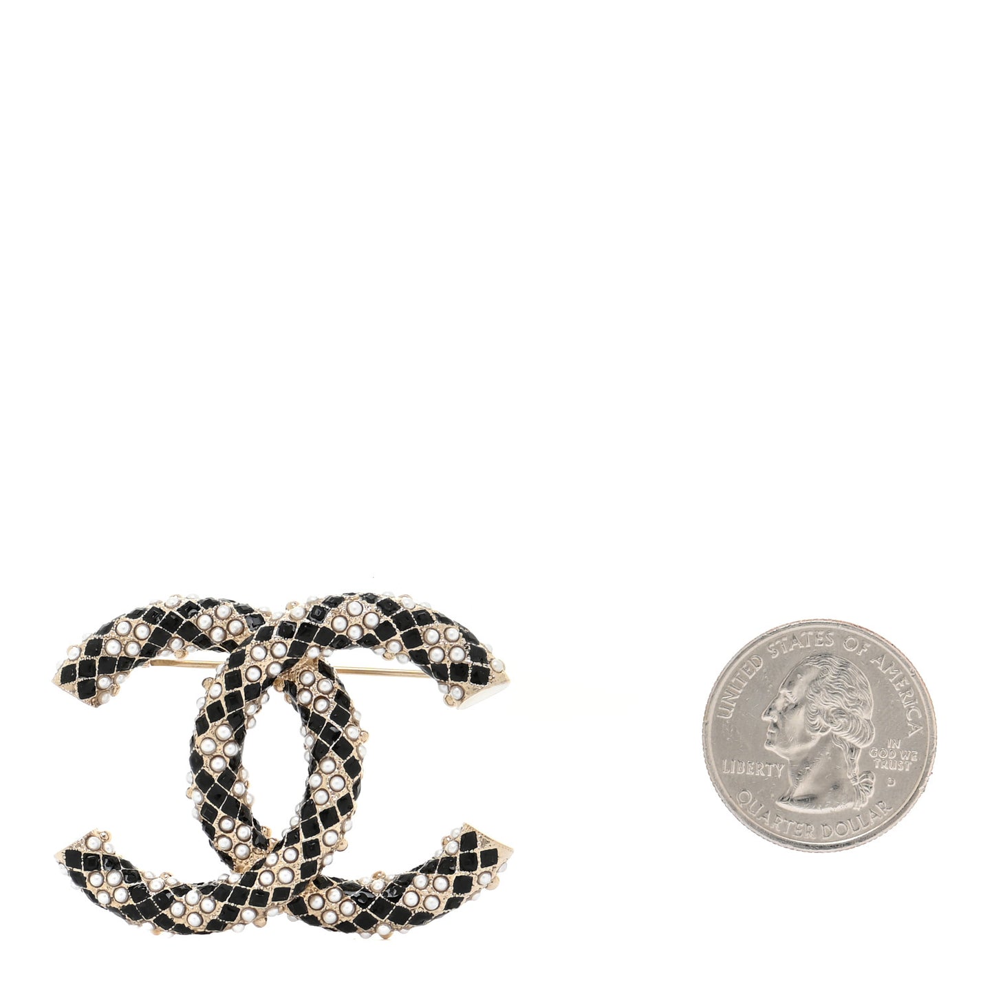 Pearl Crystal Enamel CC Brooch Black Gold