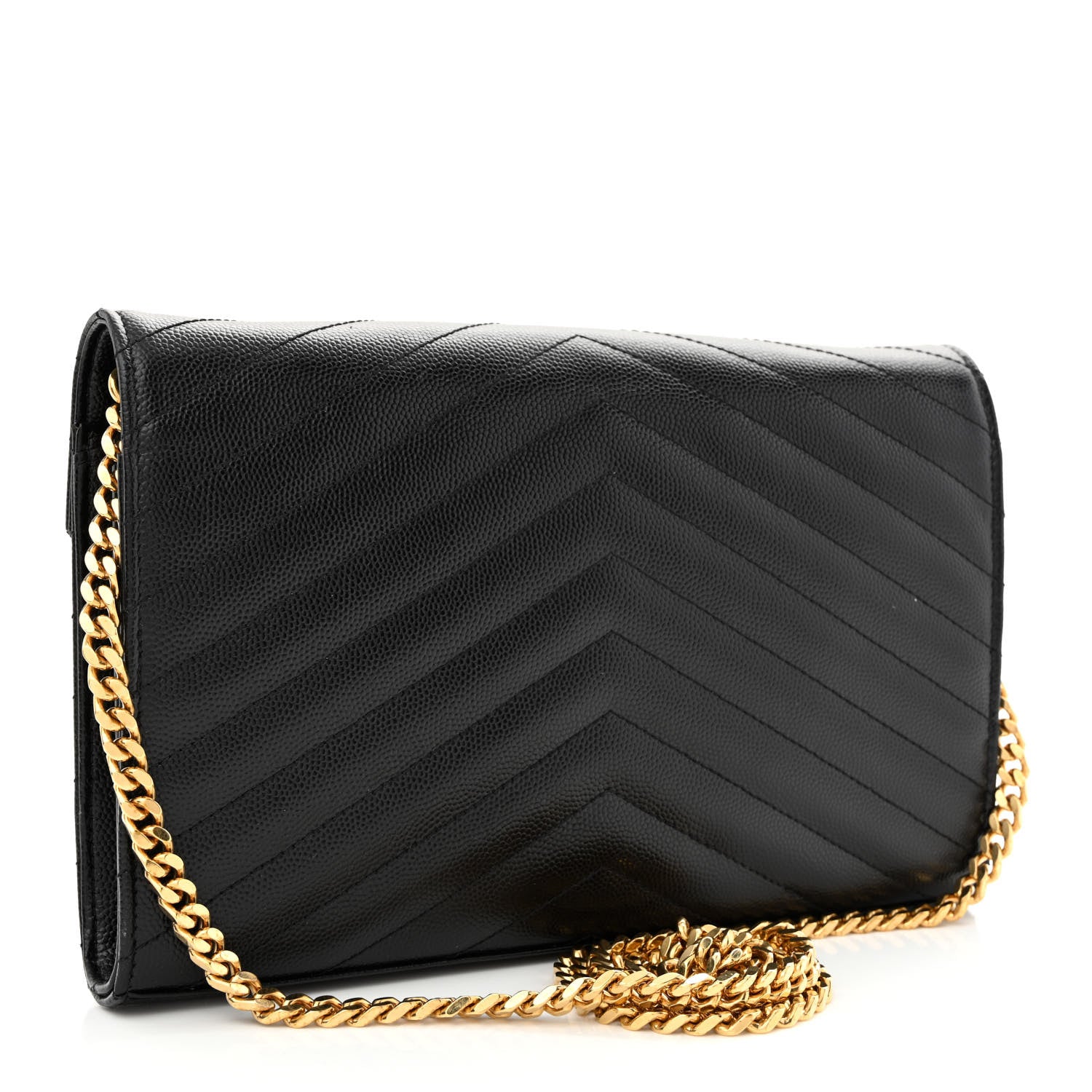 Saint Laurent Grain De Poudre Matelasse Chevron Monogram Chain Wallet Black 3 of 10