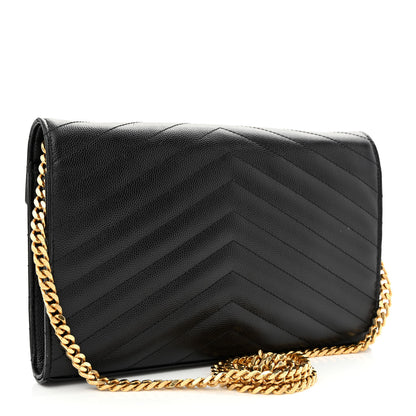 Saint Laurent Grain De Poudre Matelasse Chevron Monogram Chain Wallet Black 3 of 10