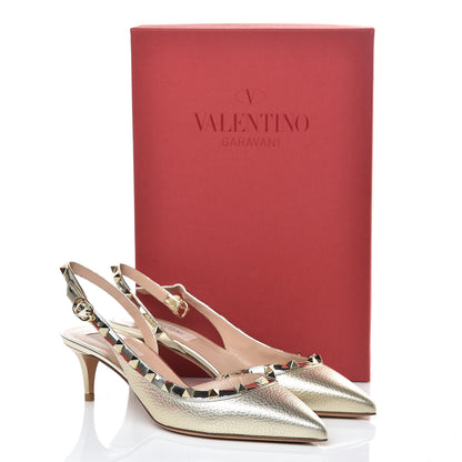 Valentino Garavani Metallic Pebbled Calfskin Rockstud Half D'Orsay Slingback 50mm Pumps 38 Platino 8 of 8