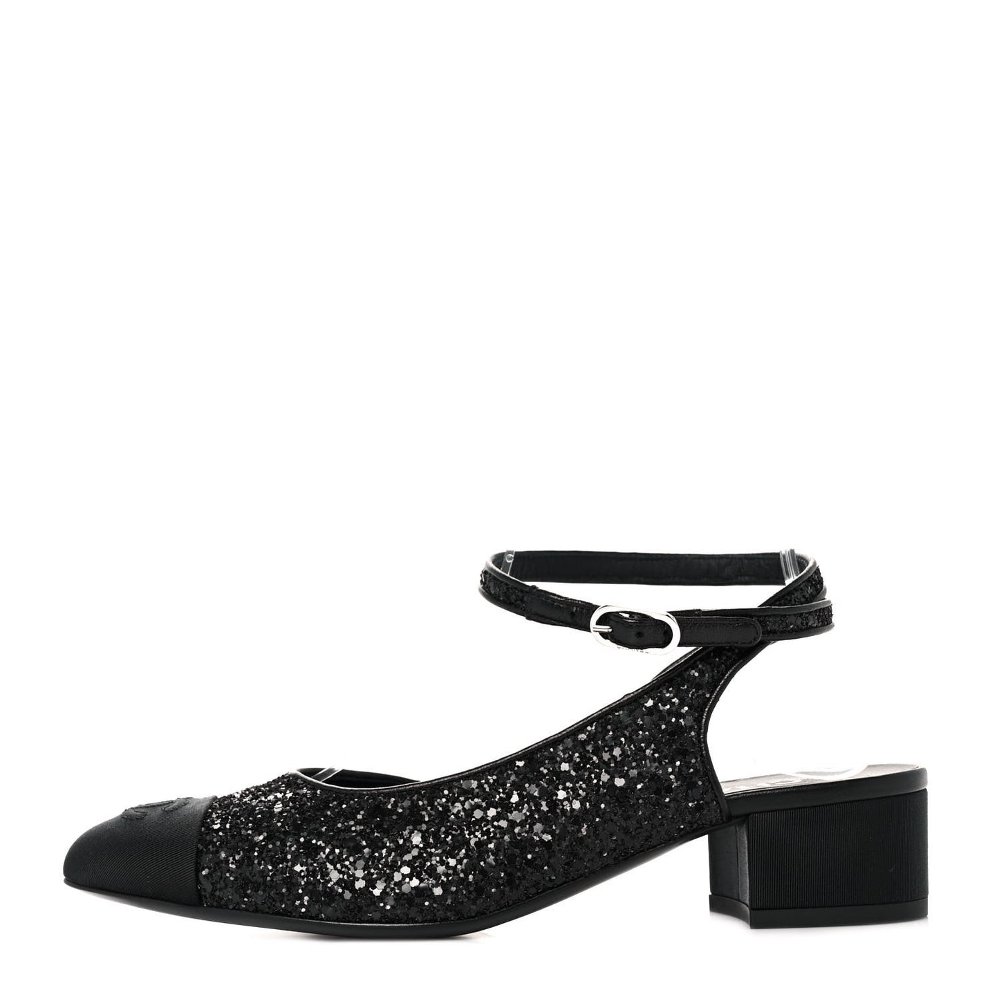Glitter Grosgrain Cap Toe CC Ankle Wrap Pumps 37.5 Black