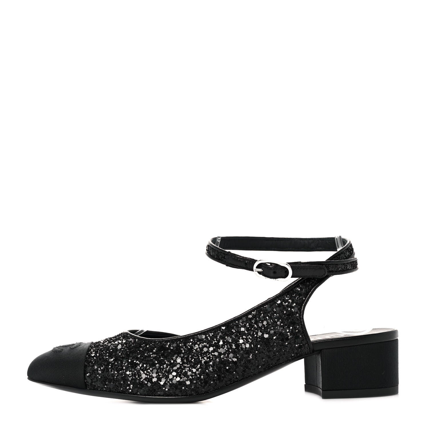Chanel Glitter Grosgrain Cap Toe CC Ankle Wrap Pumps 37.5 Black 1 of 9