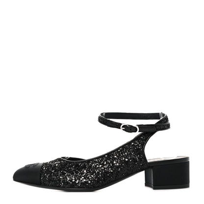 Chanel Glitter Grosgrain Cap Toe CC Ankle Wrap Pumps 37.5 Black 1 of 9