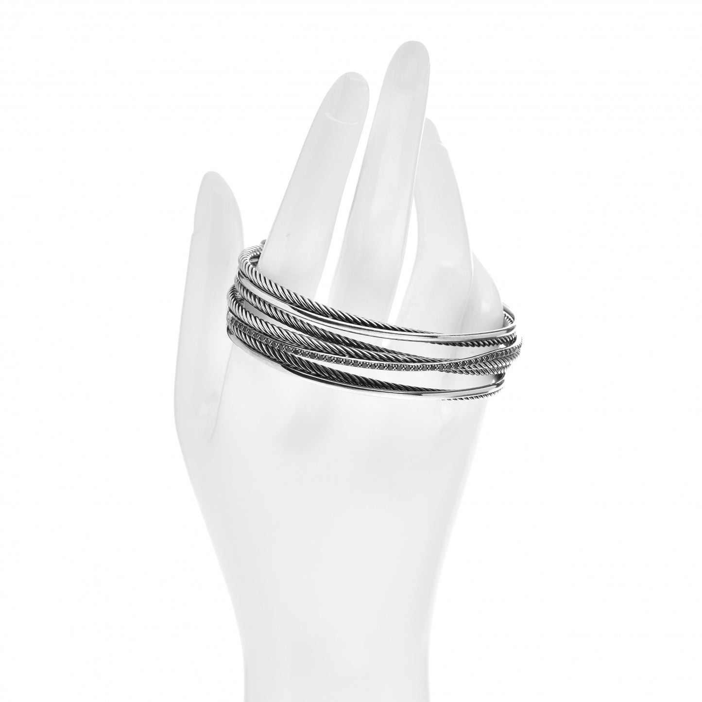 Sterling Silver 14K White Gold Black Diamond Crossover Four Row Cuff Bracelet