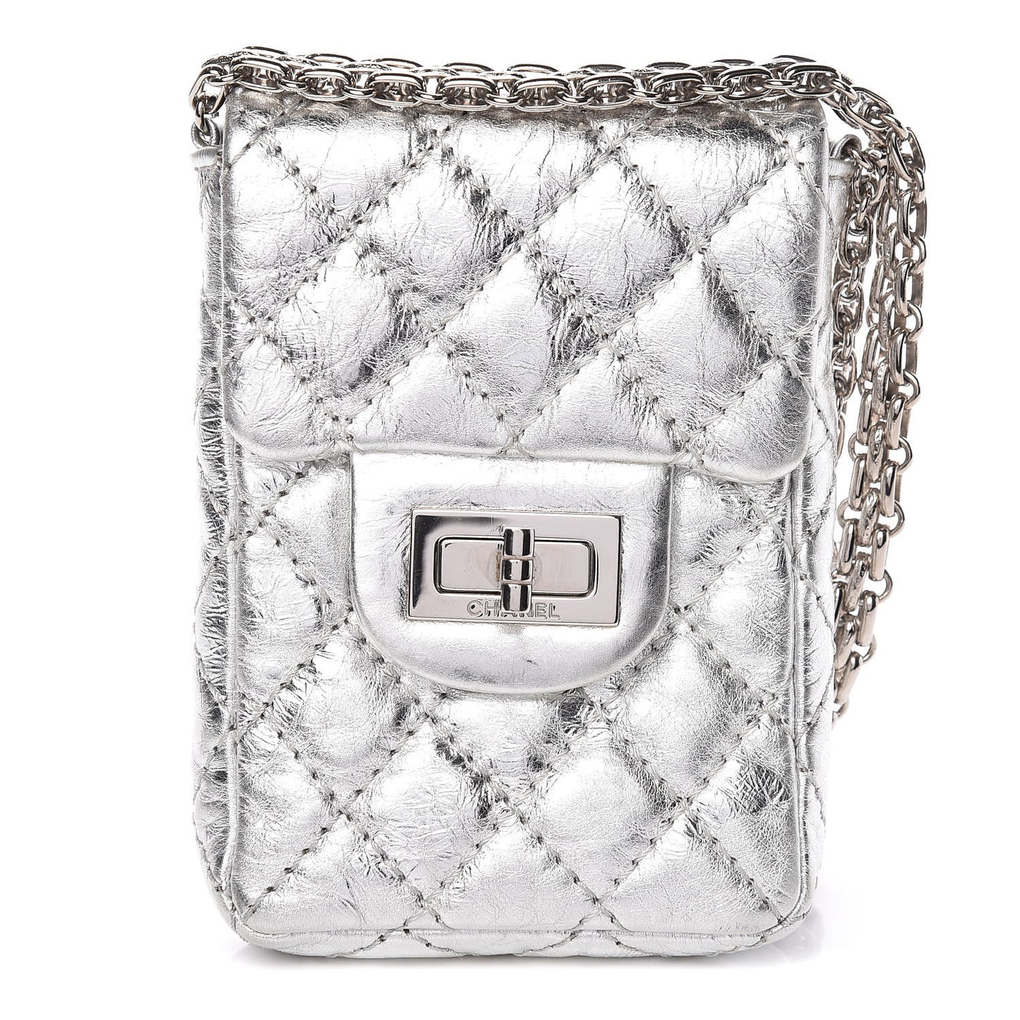 Metallic Aged Calfskin Quilted 2.55 Reissue Phone Case Silver