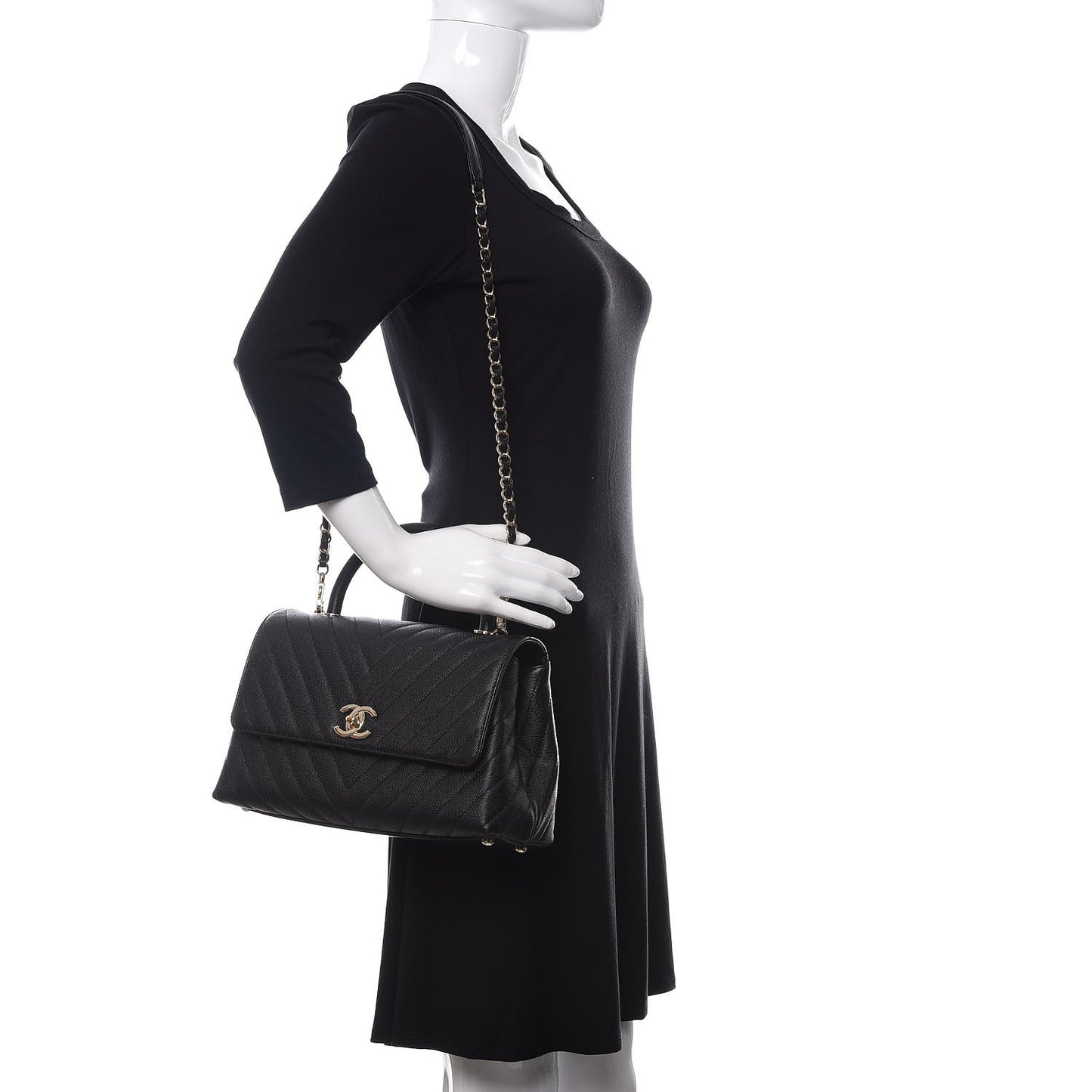 Caviar Chevron Quilted Small Coco Handle Flap Black
