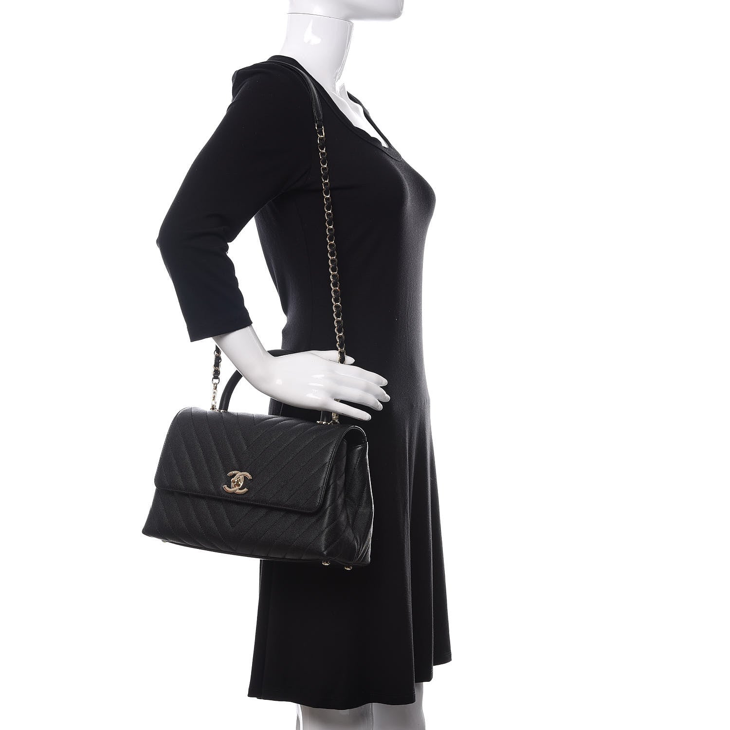 Chanel Caviar Chevron Quilted Small Coco Handle Flap Black 2 of 11