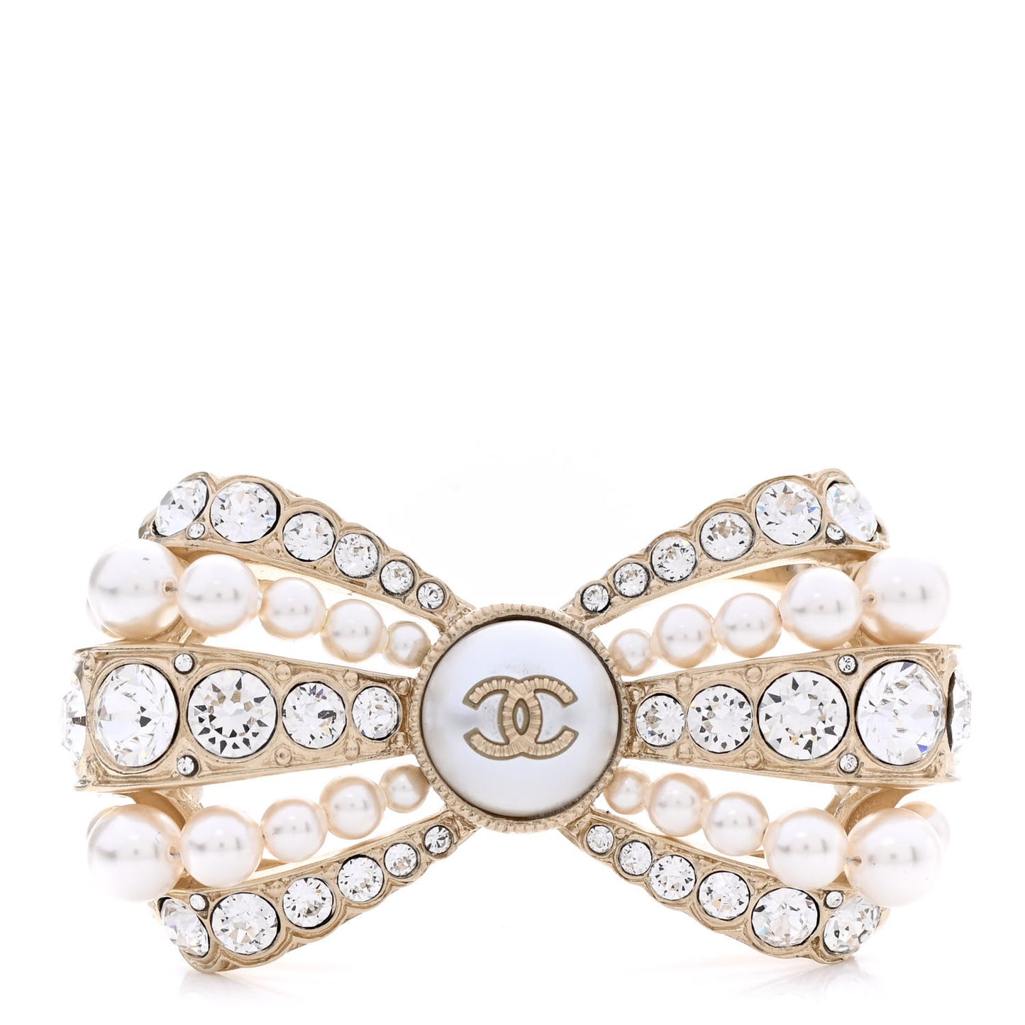 Metal Crystal Pearl CC Bow Brooch Gold