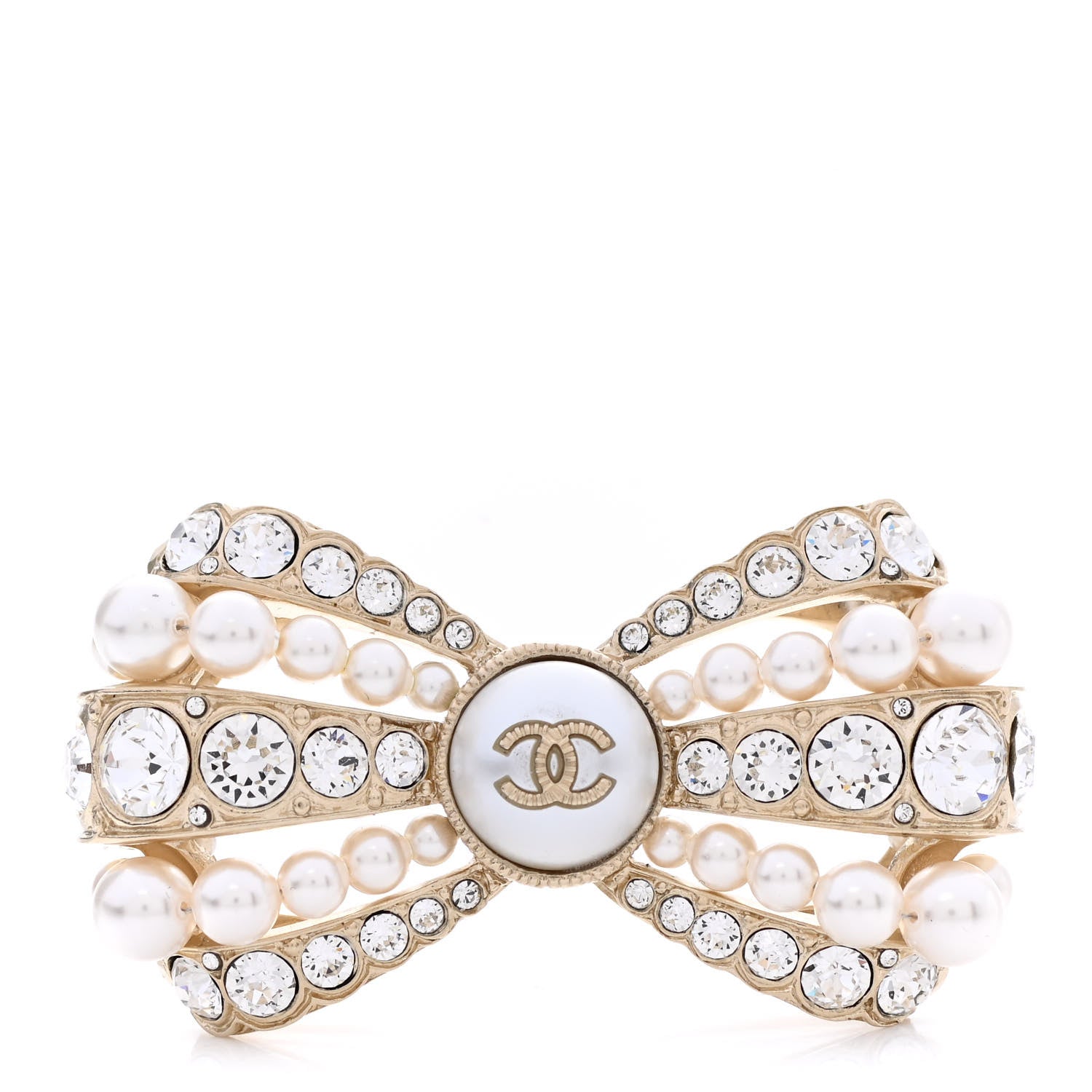 Chanel Metal Crystal Pearl CC Bow Brooch Gold 1 of 6