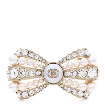 Chanel Metal Crystal Pearl CC Bow Brooch Gold 1 of 6