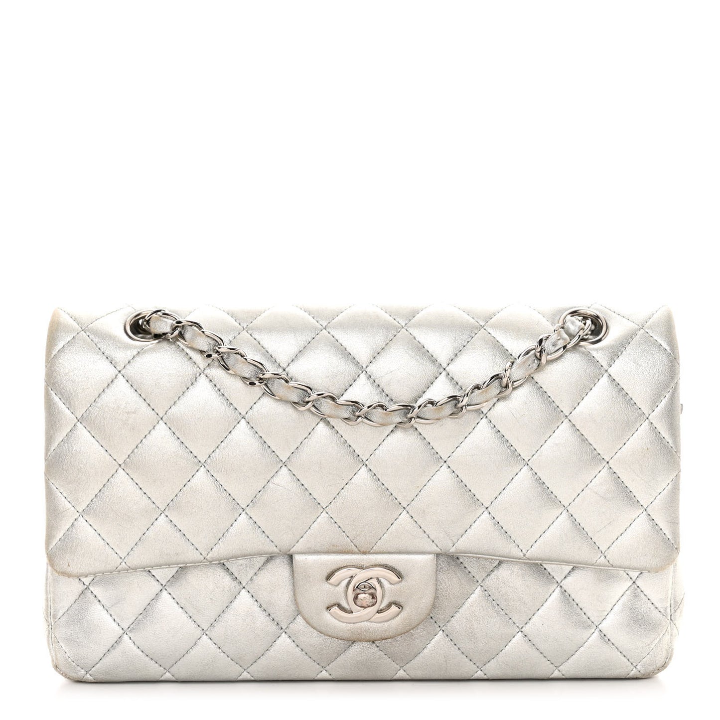 Metallic Lambskin Quilted Medium Double Flap Silver