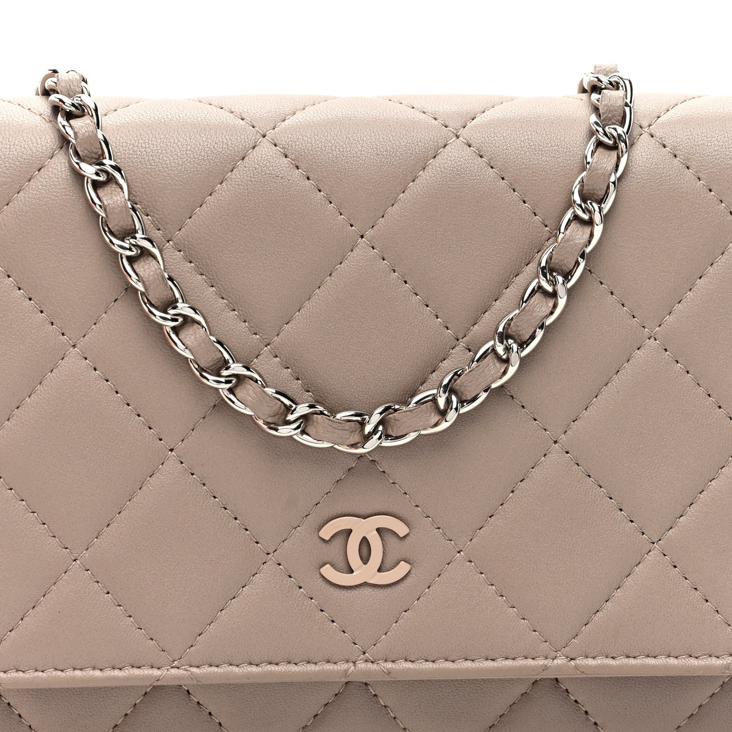Lambskin Quilted Wallet On Chain WOC Taupe