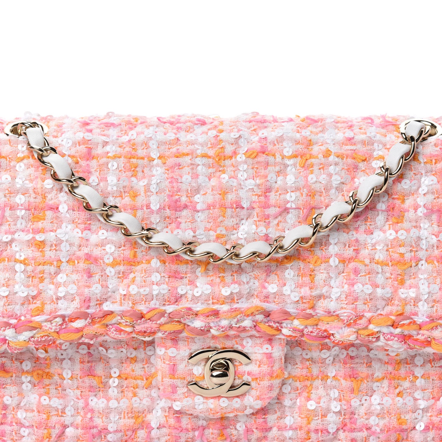 Tweed Braid Sequin Medium Double Flap White Pink Orange