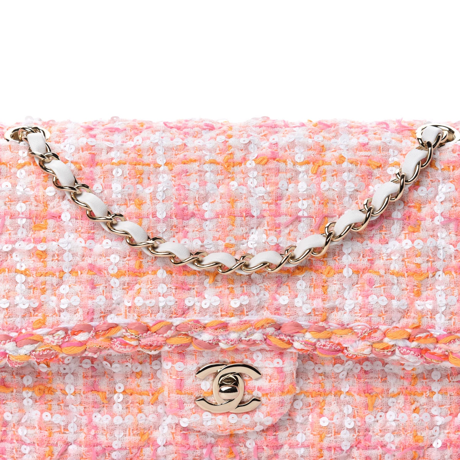 Chanel Tweed Braid Sequin Medium Double Flap White Pink Orange 12 of 12