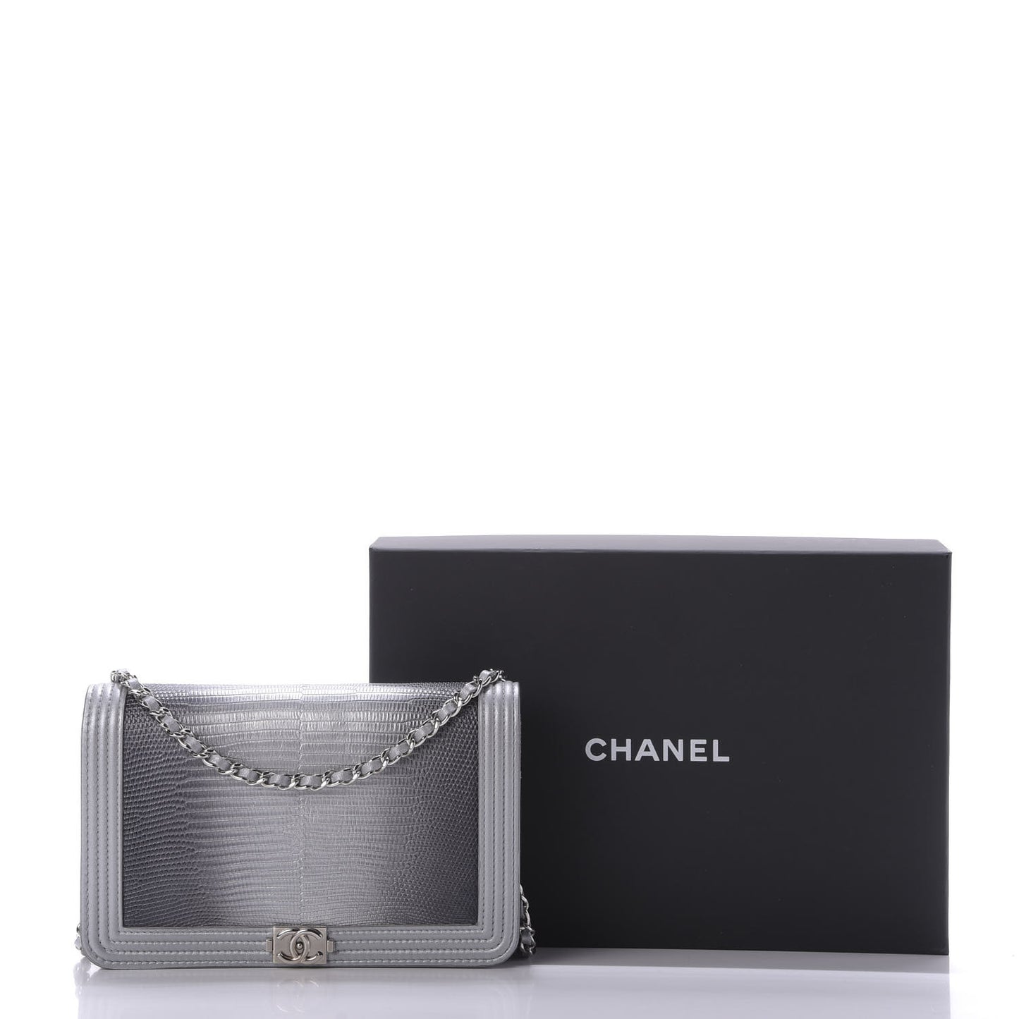 Lizard Calfskin Boy Wallet on Chain WOC Black Silver