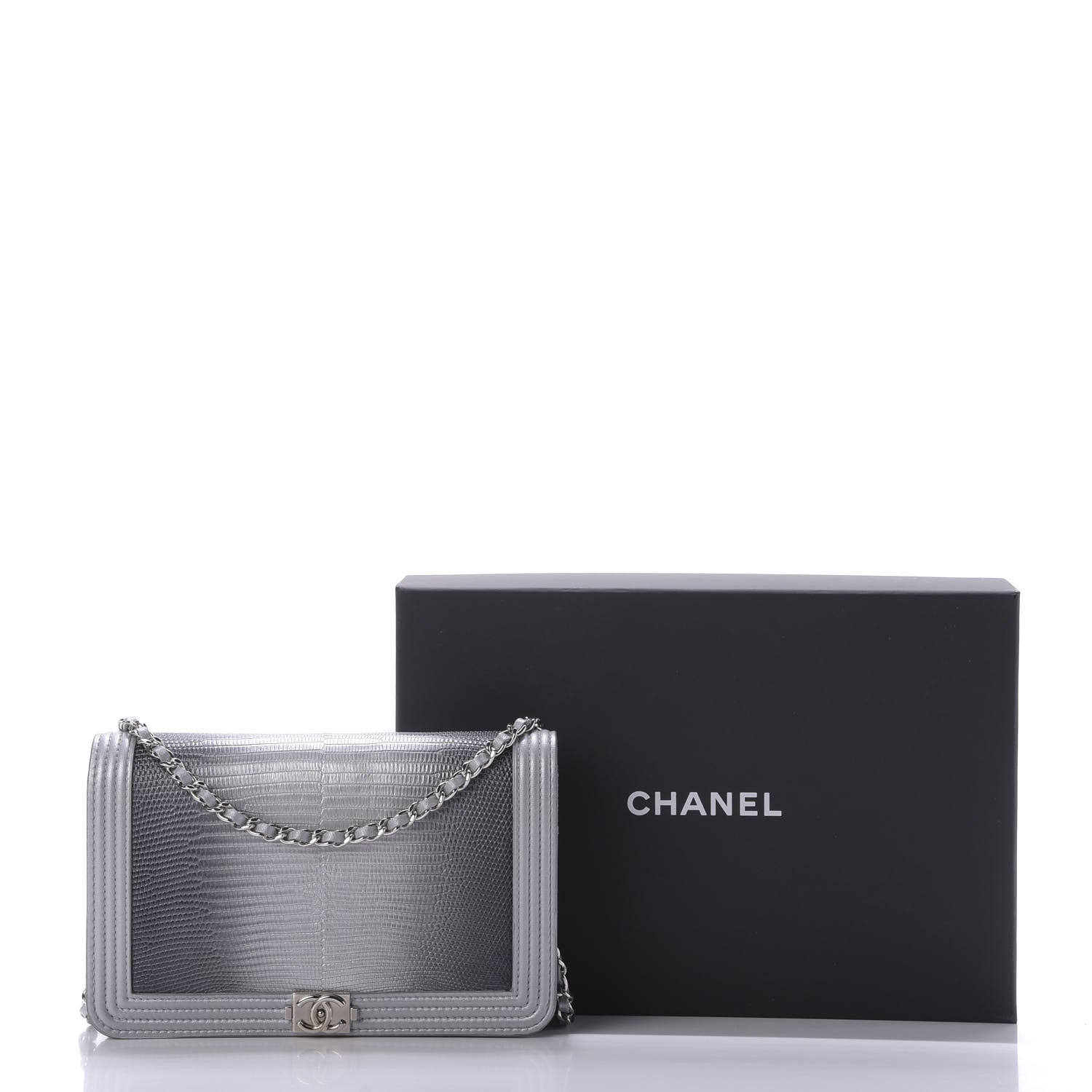 Chanel Lizard Calfskin Boy Wallet on Chain WOC Black Silver 10 of 12