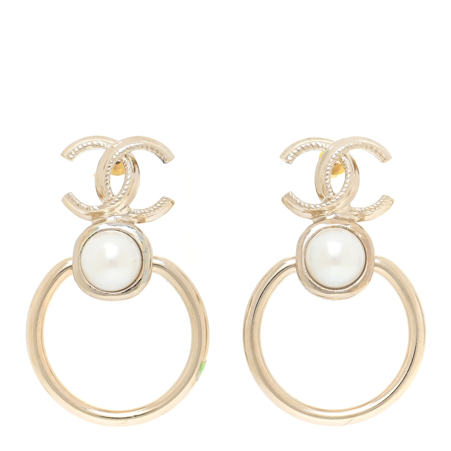Metal Pearl CC Hoop Drop Earrings Gold