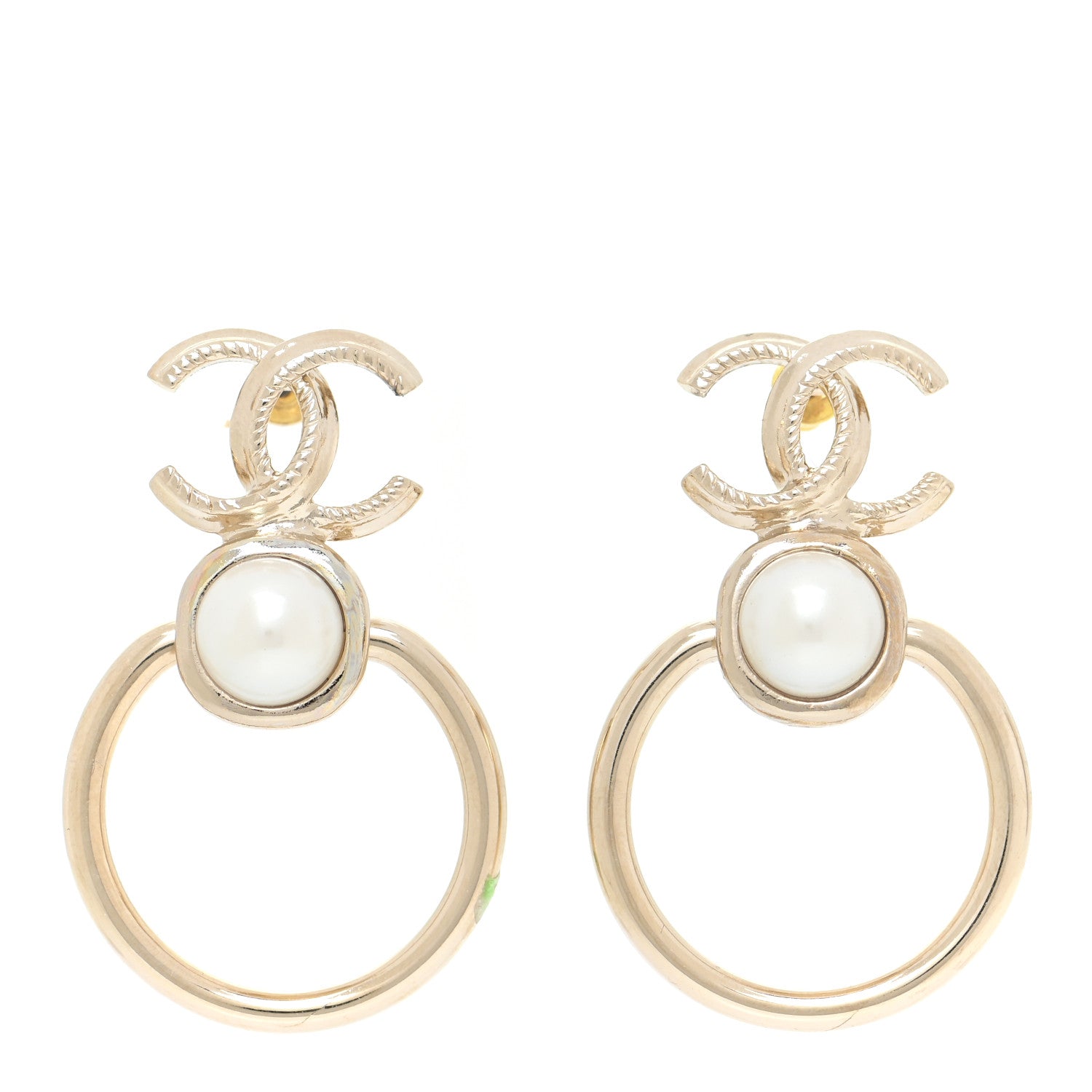 Chanel Metal Pearl CC Hoop Drop Earrings Gold 1 of 5