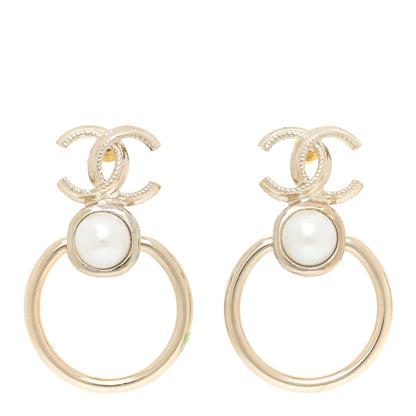 Chanel Metal Pearl CC Hoop Drop Earrings Gold 1 of 5
