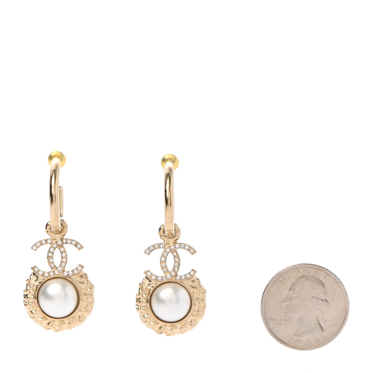 Chanel Metal Crystal Pearl Textured CC Hoop Drop Earrings Gold White 2 of 4