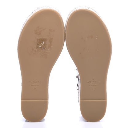 Valentino Garavani Metallic Grained Calfskin Rockstud Ankle Wrap Espadrille Flatform Sandals 37 Skin Natural 5 of 8