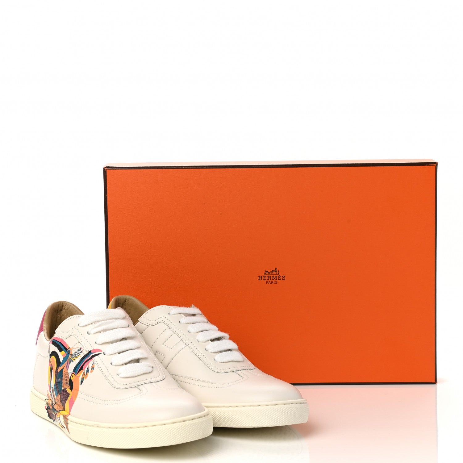 Hermes Calfskin Printed Toucans De Paradis Quicker Sneakers 36 White Multicolor 9 of 9