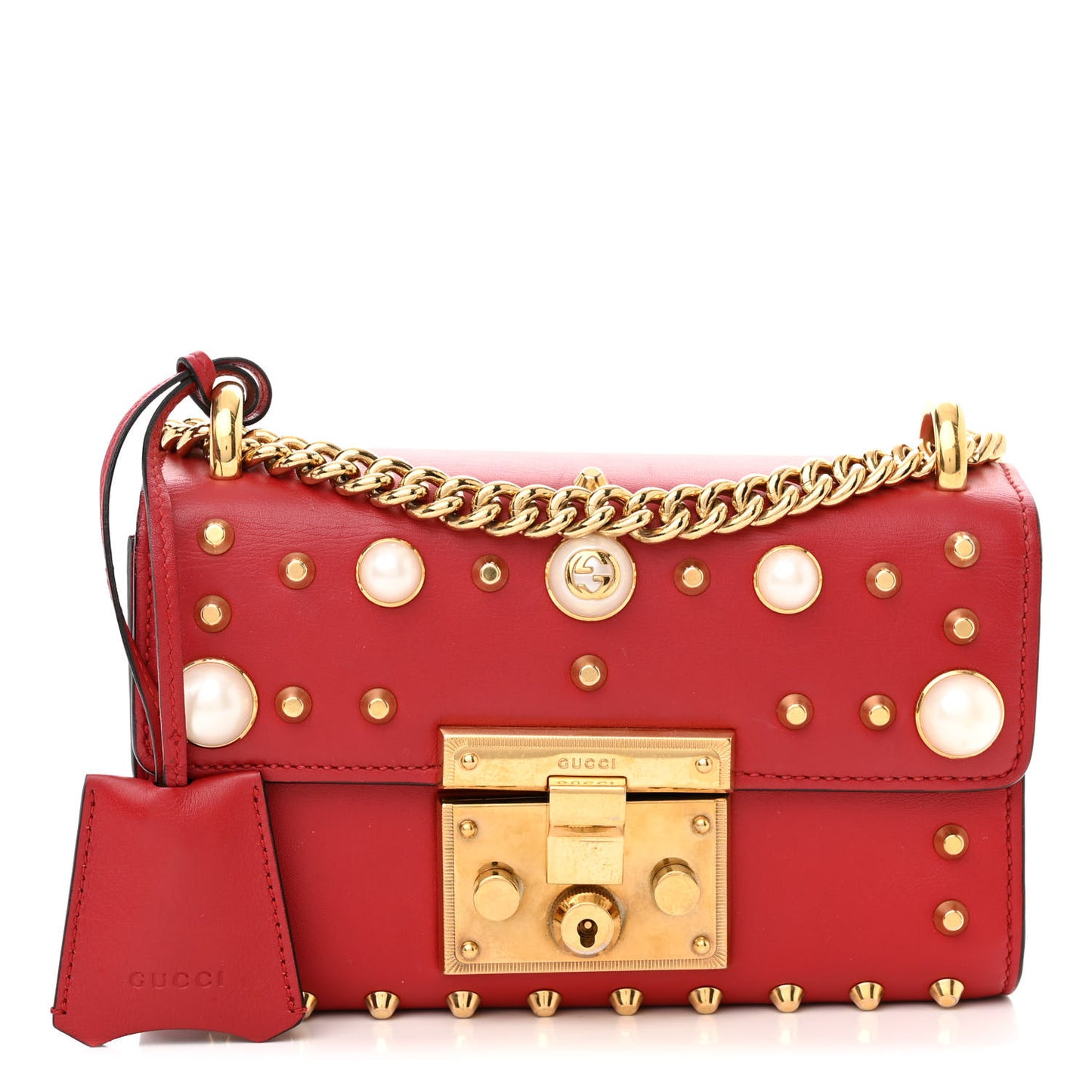 Calfskin Studded Small Padlock Shoulder Bag Hibiscus Red