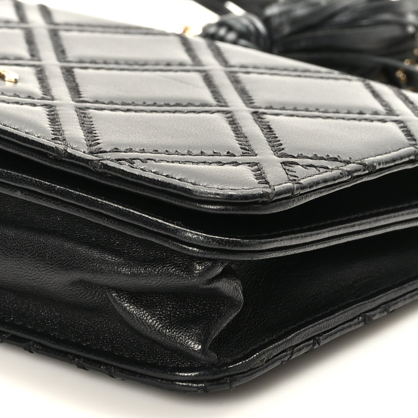 Lambskin Quilted Double Stitch Tassel Wallet On Chain WOC Black