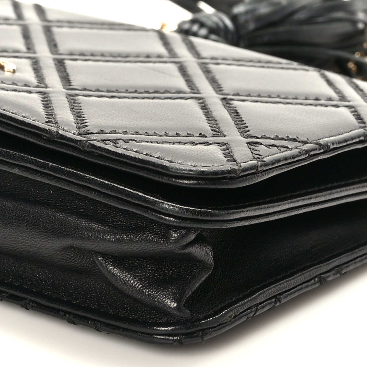 Chanel Lambskin Quilted Double Stitch Tassel Wallet On Chain WOC Black 9 of 10
