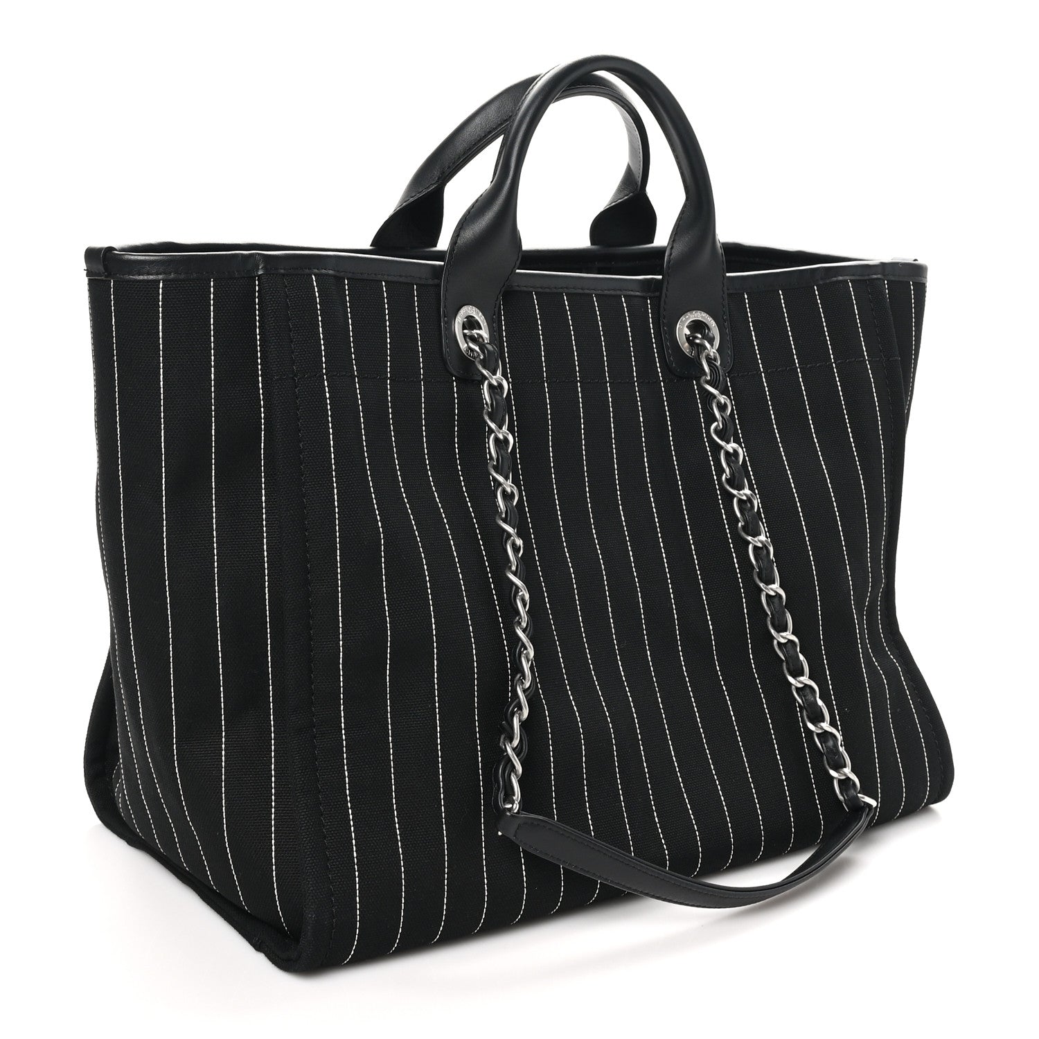 Chanel Canvas Calfskin Striped Medium Deauville Tote Black White 4 of 11