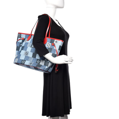 Louis Vuitton Denim Damier Monogram Patchwork Neverfull Blue Rouge 2 of 10