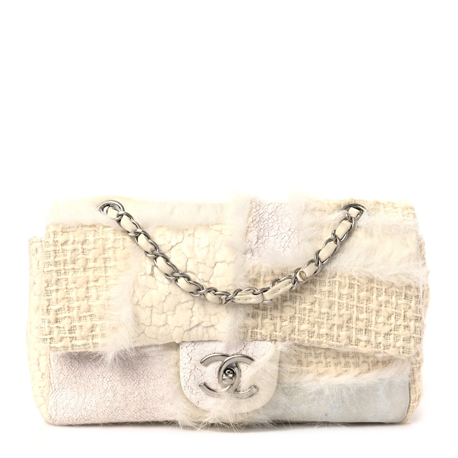 Chanel Tweed Faux Fur Patchwork Medium Single Flap White 1 of 8