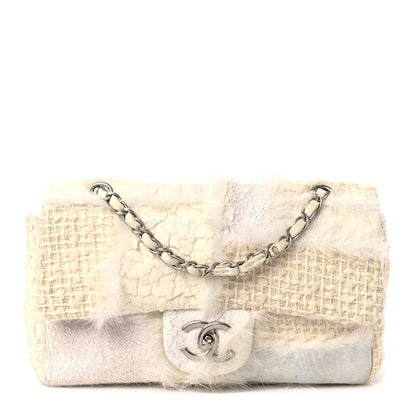 Chanel Tweed Faux Fur Patchwork Medium Single Flap White 1 of 8