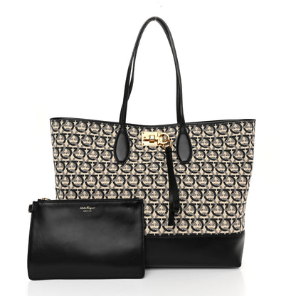 Salvatore Ferragamo Canvas Calfskin Large The Studio Tote Beige Black 3 of 10