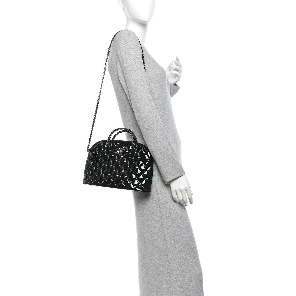 Patent Quilted Shiny Coco Small Shopping Bag Black