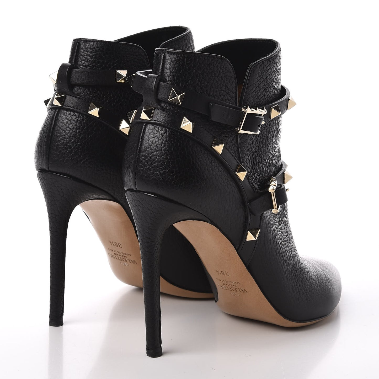 Pebbled Calfskin Rockstud Double Buckle 100mm Ankle Boots 38.5 Black