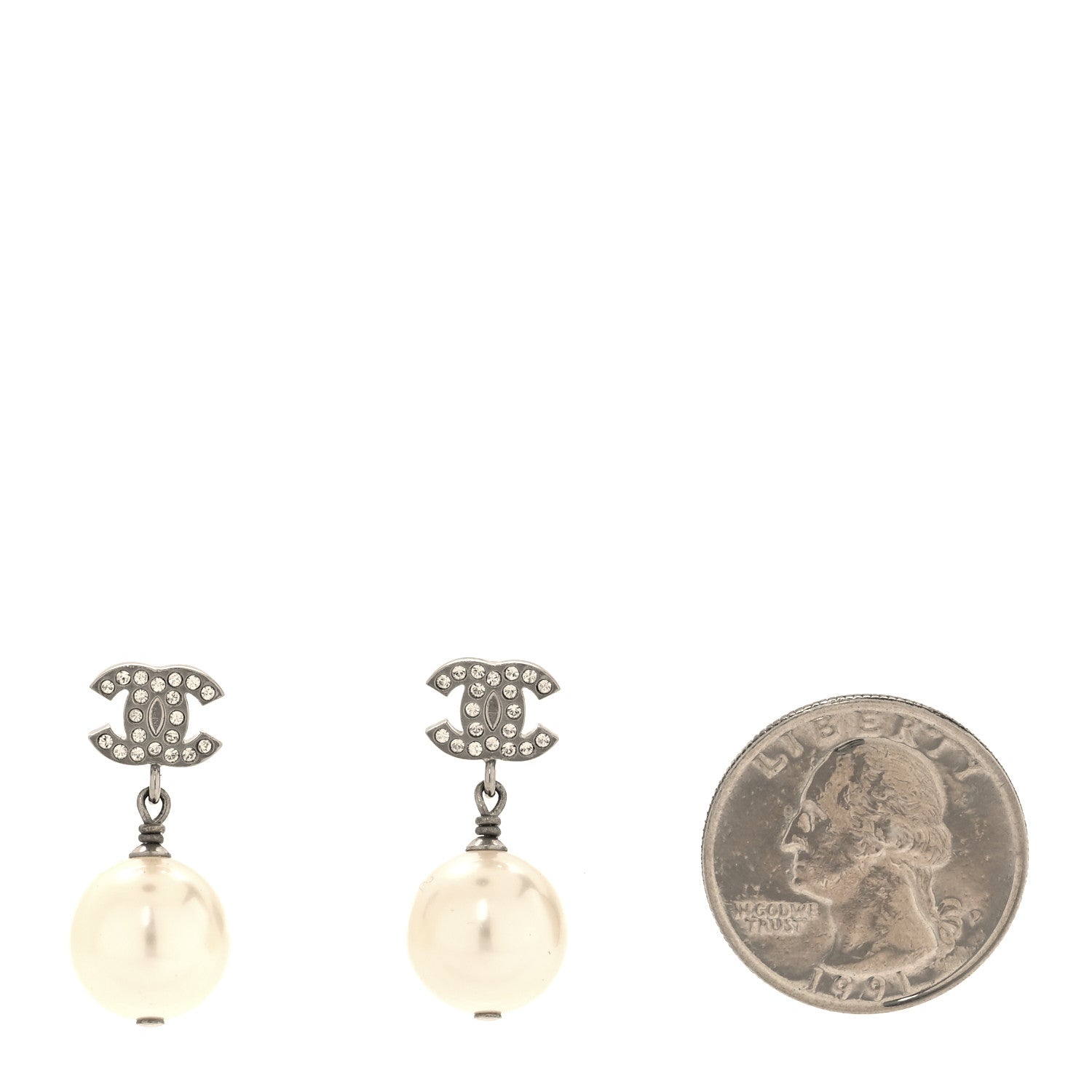 Chanel Crystal Pearl CC Drop Earrings Silver Pearly White 2 of 5