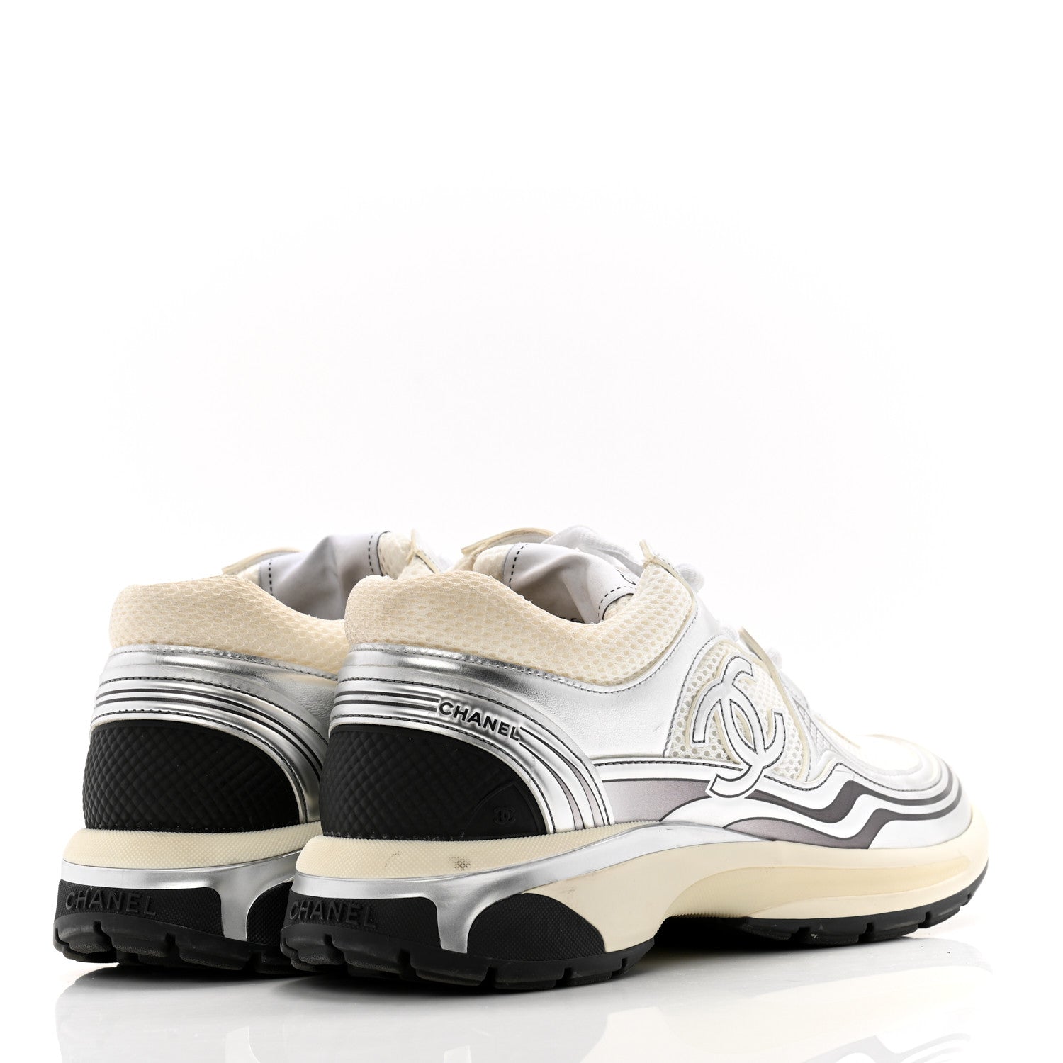Chanel Fabric Laminated Calfskin Stretch CC Womens Sneakers 39.5 White Silver 4 of 14