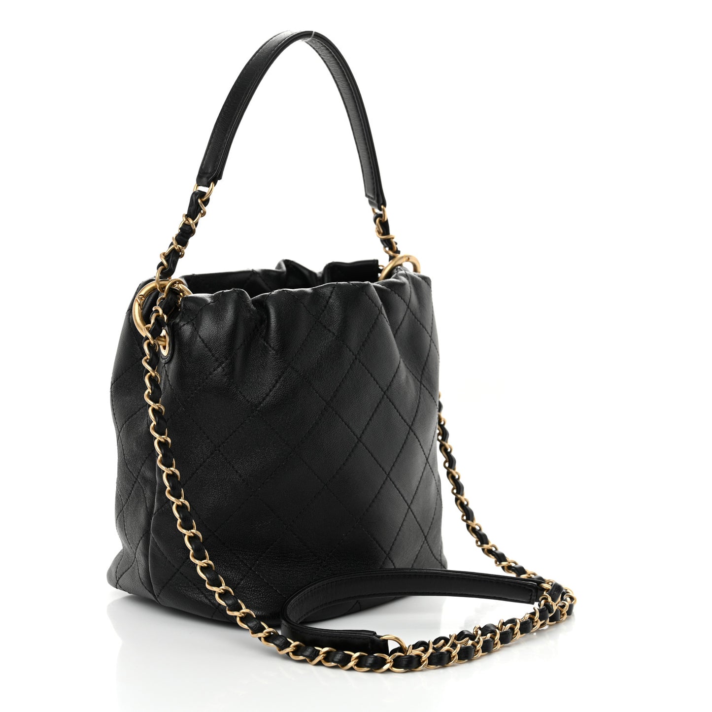 Lambskin Stitched Drawstring Bucket Bag Black