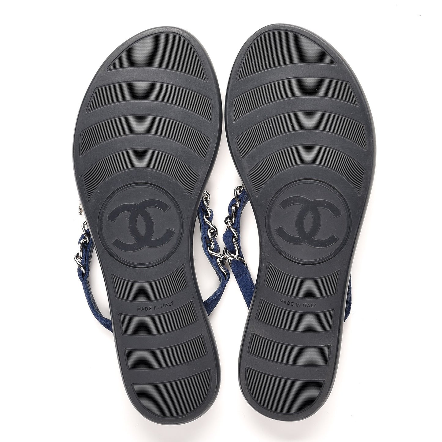 Suede Calfskin Quilted Chain Thong Sandals 35 Navy Blue
