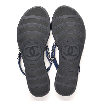 Chanel Suede Calfskin Quilted Chain Thong Sandals 35 Navy Blue 5 of 8