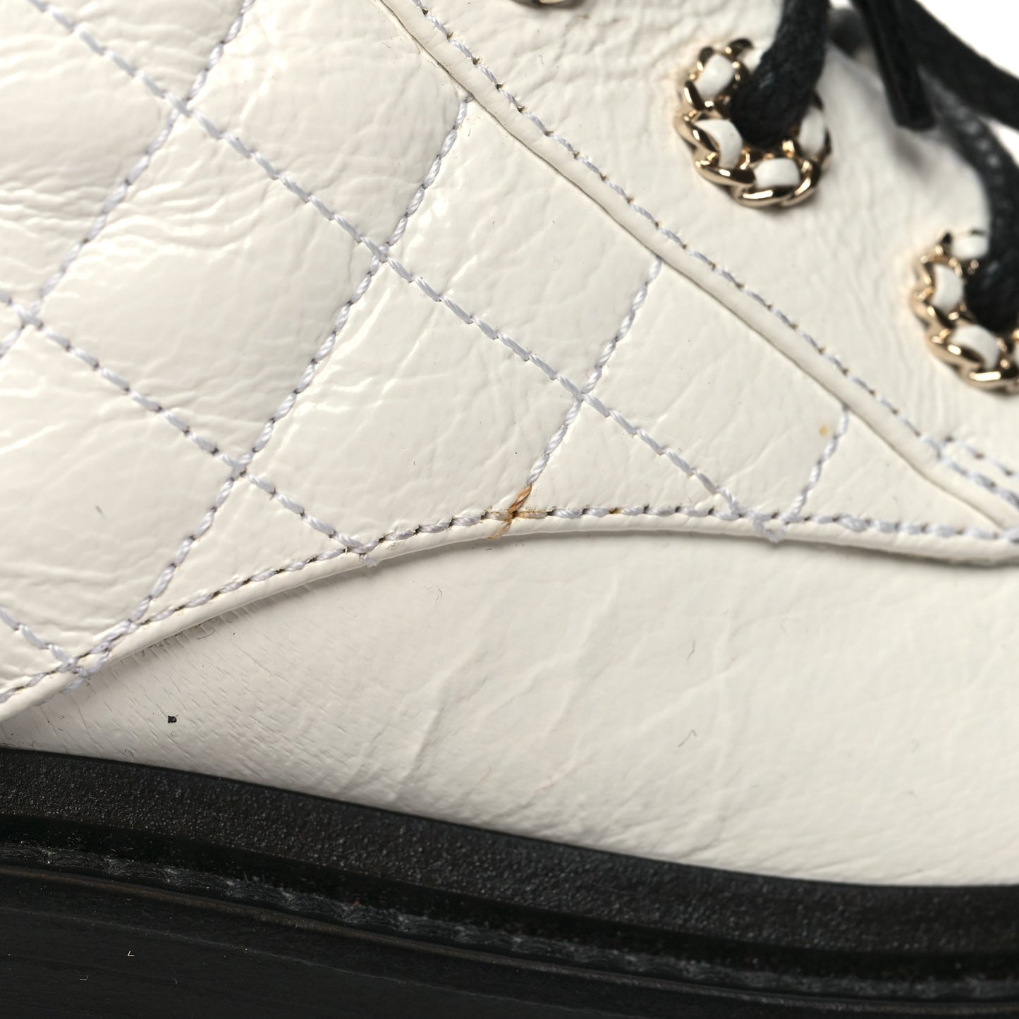 Shiny Goatskin Calfskin Quilted Lace Up Combat Boots 38.5 White Black